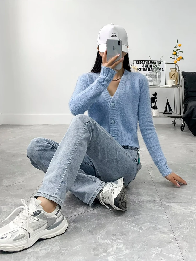 

Женские вязаные однобортные синие кардиганы, осенне-зимние укороченные свитера с мехом