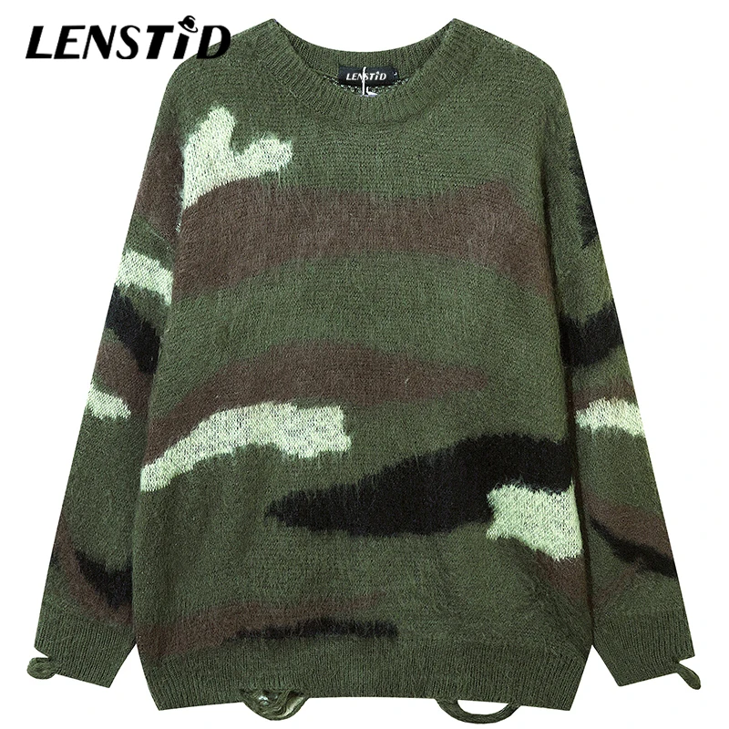 

LENSTID Autumn Men Knitted Jumper Sweaters Hip Hop Ripped Camouflage Vintage Streetwear Harajuku Fashion Loose Pullovers Hipster