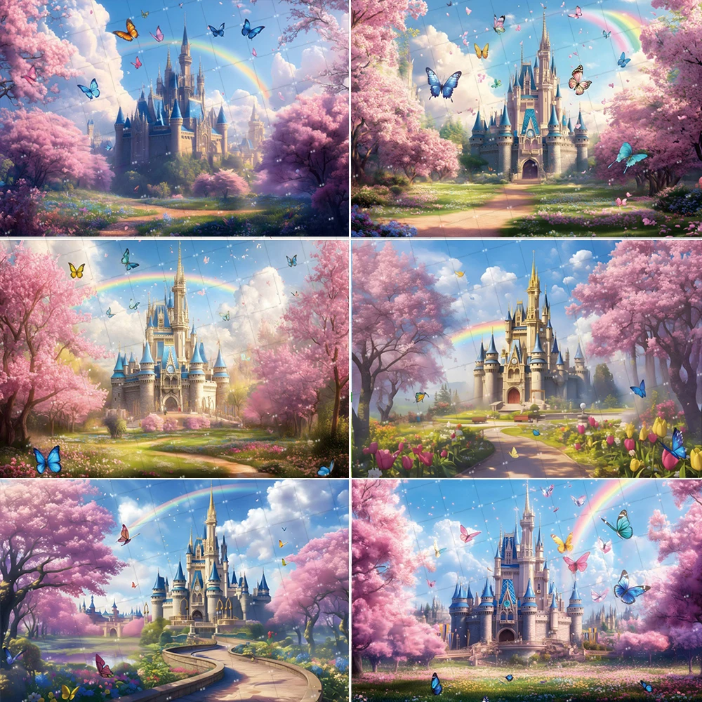 Розовый Вишневый цвет и Радуга сказочный замок принцесса день рождения Фотофон