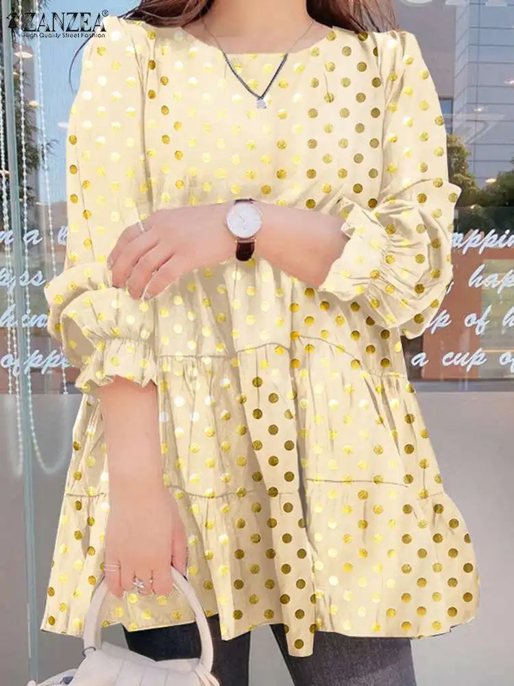 

Весна 2022, топы в горошек с пышными рукавами ZANZEA, модная женская блузка, офисные женские рубашки с круглым вырезом, лоскутные Футболки с оборк...