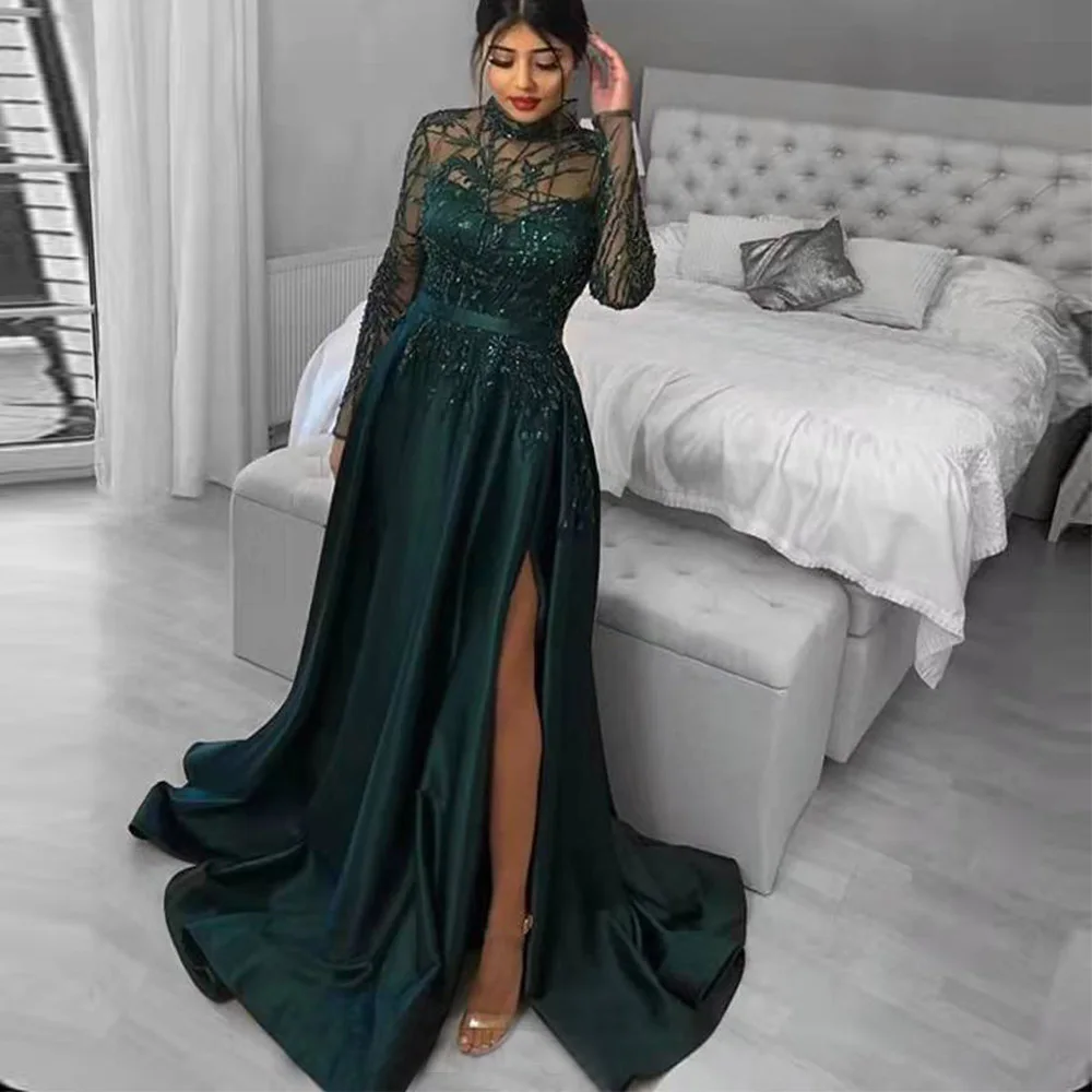 

Dark Green A-Line Prom Dresses 2022 Women Full Sleeves See Throgh High Neck Evening Dress High Slit Satin Robe De Soiree