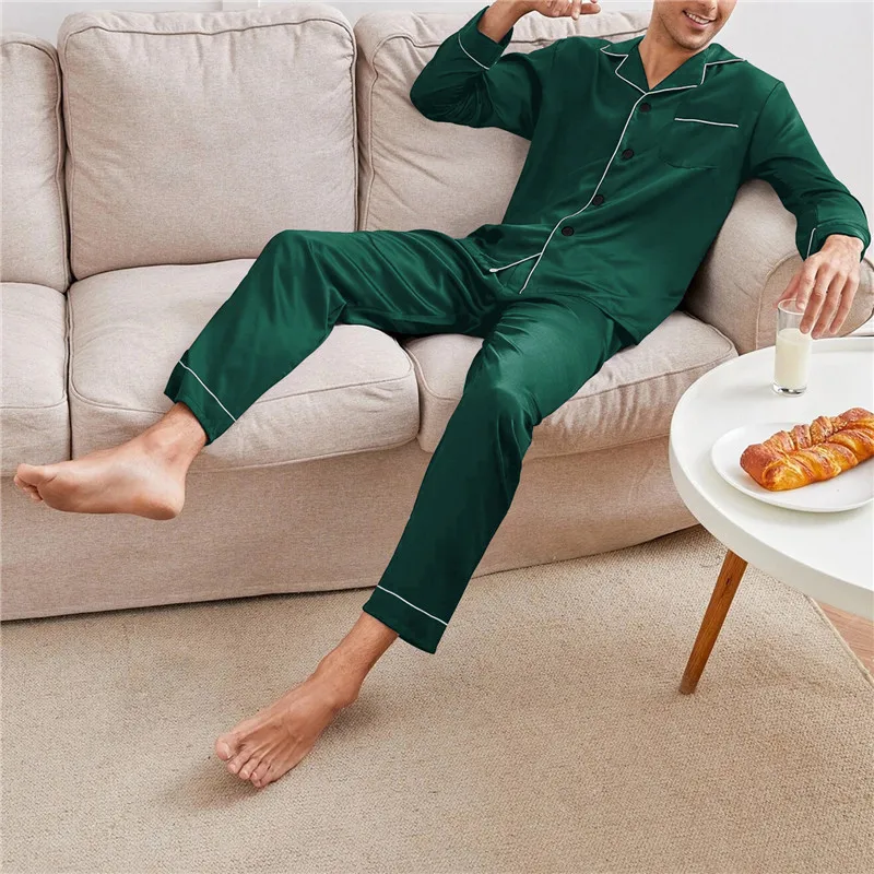 

Men Pajama Sets Silk Satin Pijama Turn-Down Collar Sleepwear Long Sleeve Spring Nightwear Male 2 Pieces Sets Homewear