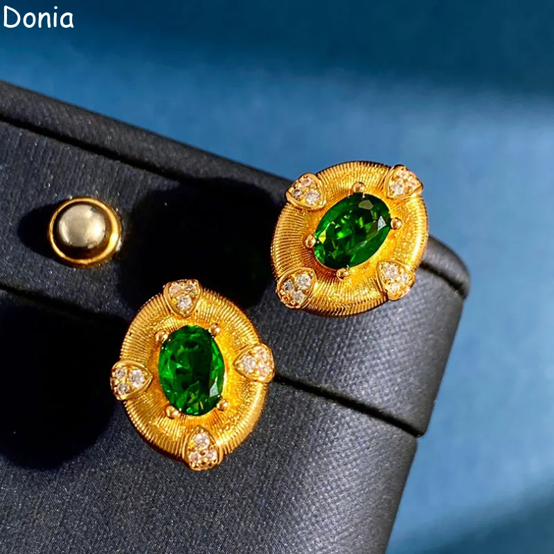 

Donia Jewelry Retro Oval Brushed Titanium Steel Micro-Inlaid AAA Zircon Silver Needle Luxury Emerald Earrings