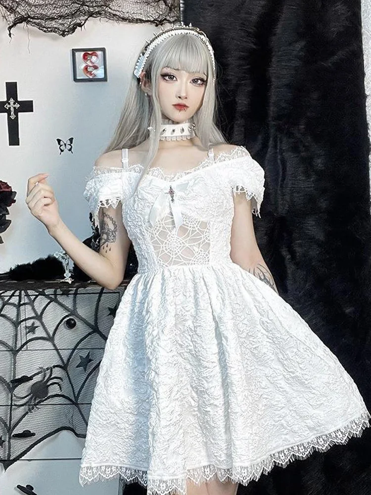 Halloween Style Lace Flower Border Dark Perspective Cross Dress For Women Slash Neck Puff Sleeve Mujer Solid Elegant Streetwear