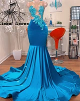 lake blue o neck long prom dress for black girls 2022 appliques birthday party gowns mermaid formal dresses robe de bal