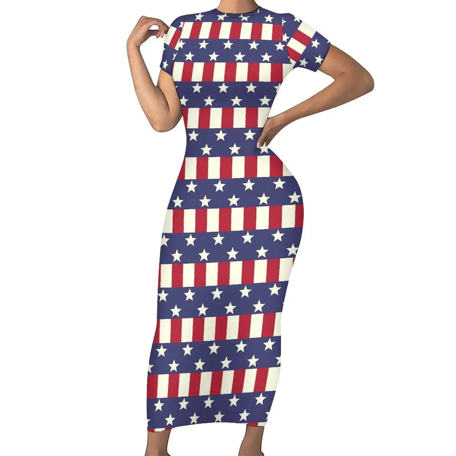 

Patriotic USA Flag Dress Short Sleeve Stars and Stripes Street Wear Maxi Dresses Trendy Bodycon Dress Graphic Oversize Clothing