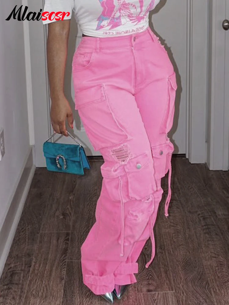 Винтажные джинсовые штаны Mlaiscsr с несколькими карманами розовые широкие женские