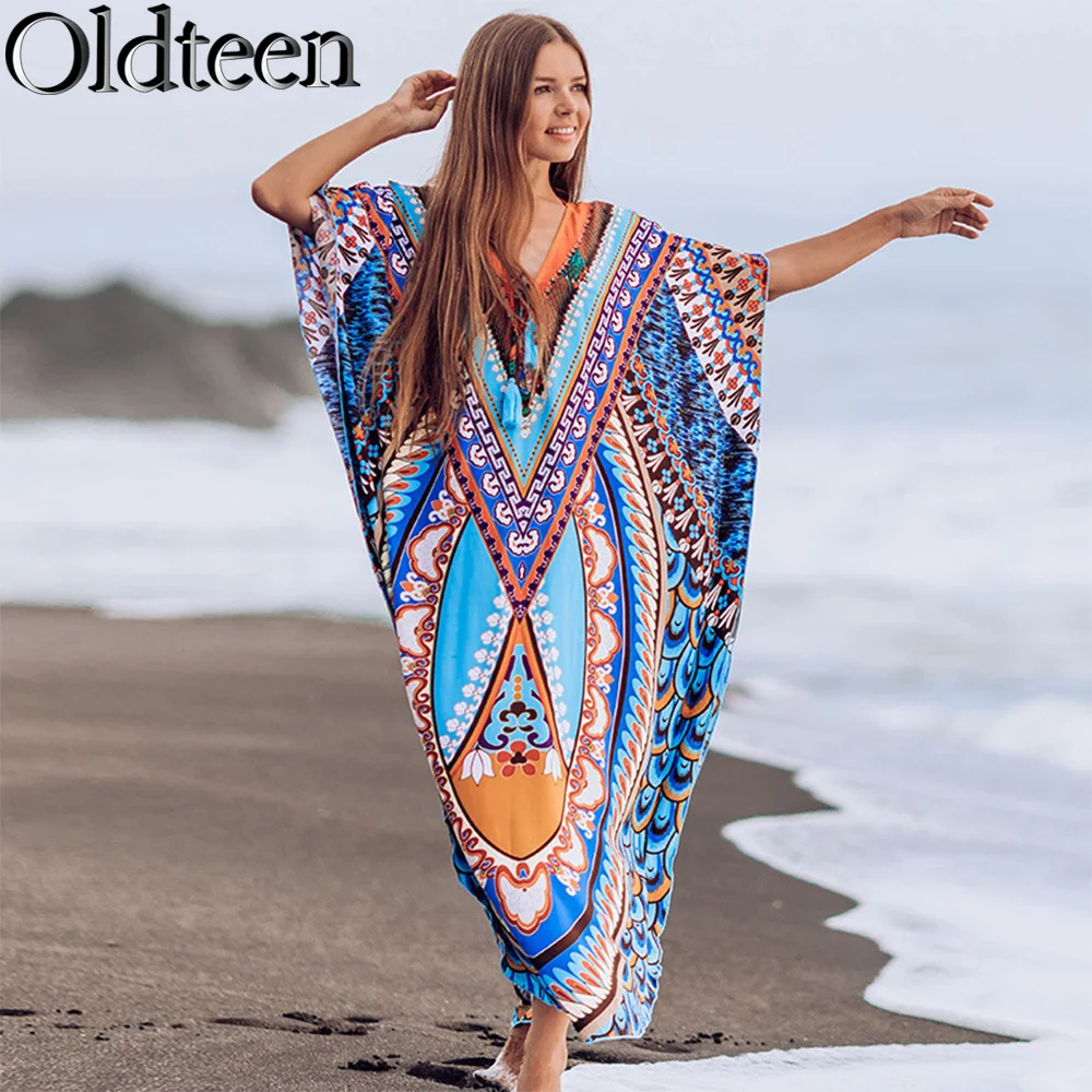 

New Fashion Cotton Positioned Print Long Dress Cover-Up Summer Beach Vacation Loose Swimwear Casual Retro Long Cover Up Overlay