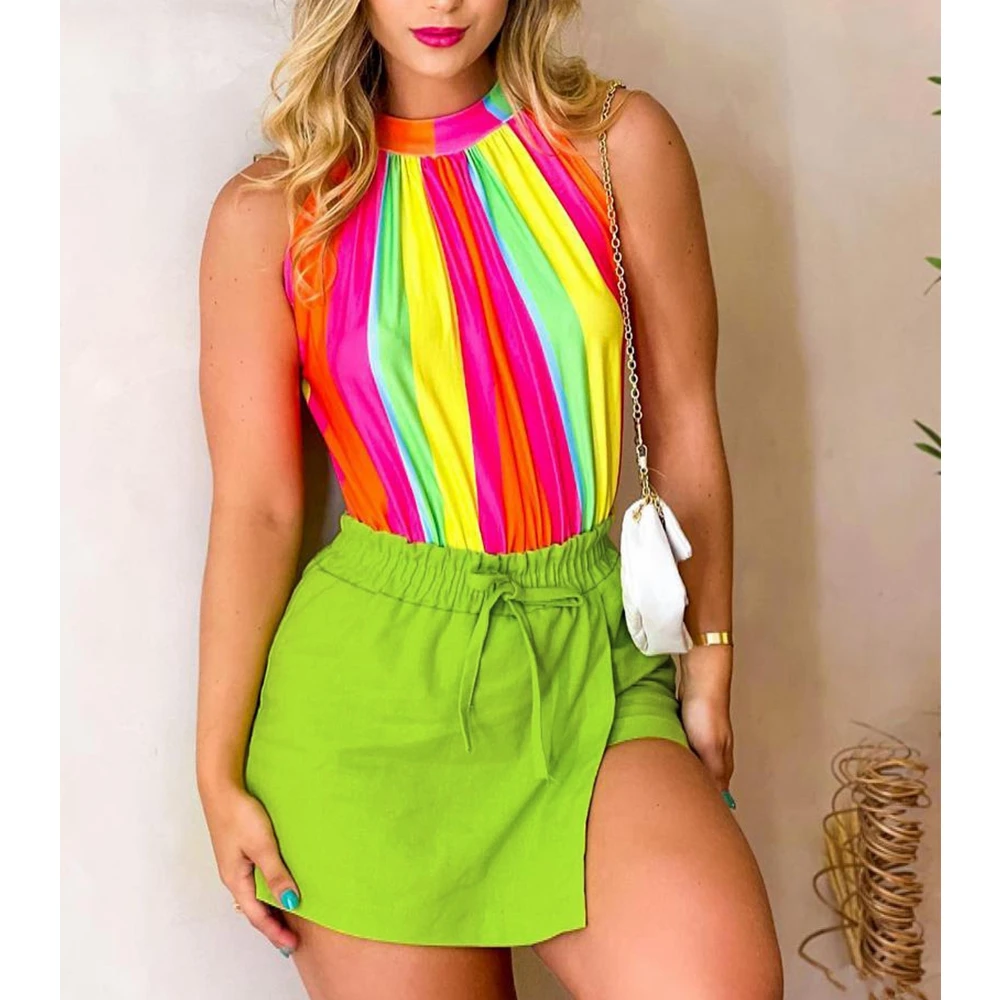 

Wepbel Color Vest Tops Women 2 Piece Sets Summer Shorts Sets Elastic Waistband Culottes Sleeveless Tank Tops Short Pants