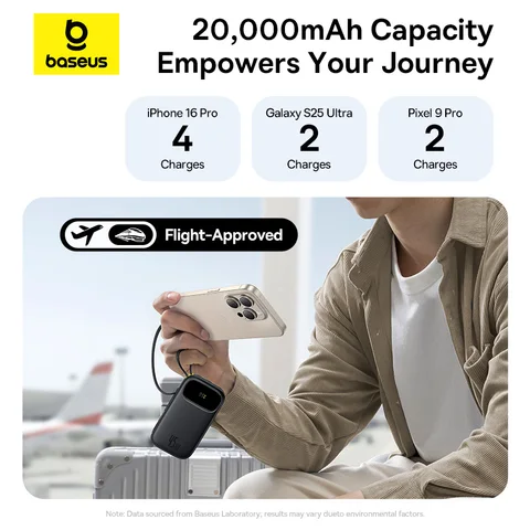 Power Bank Baseus 45 Вт, 20000 мАч, 10000 мАч, встроенный выдвижной кабель USB-C и Lightning для iPhone 17 16 15 Samsung S25 Xiaomi Poco