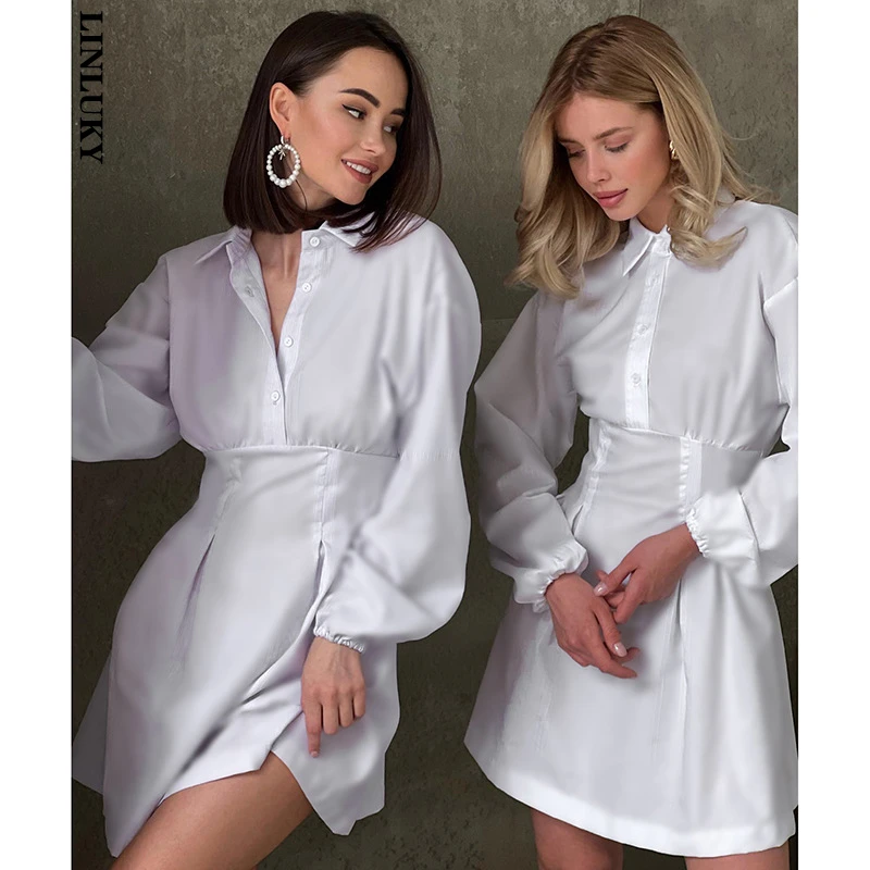 

Осеннее платье для женщин 2022 однотонный корсет рубашки с открытой спиной свободная короткая юбка Клубные Вечерние платья мини женская одеж...