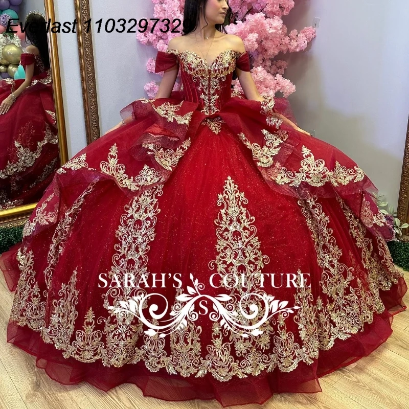 EVLAST Красное бальное платье Quinceanera по индивидуальному заказу золотое кружевное с