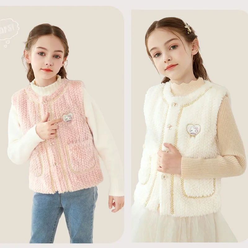 

2023New Kawaii Sanrio Hellokittyed Clothes Vest Cute Girls Plush Fashion Vest Cartoon Cardigan Autumn and Winter Top White Pink