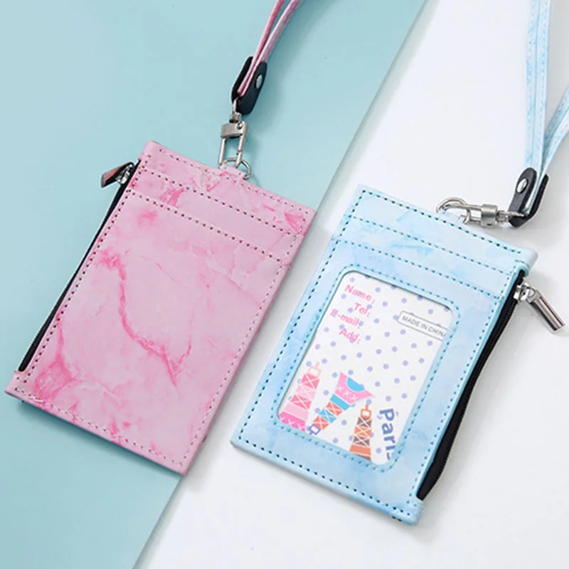 

1Pcs Women Men Leather Business Credit Card ID Badge Wallet Pouch Coin Card Purse Holder Neck Strap Student Bus Card Bags