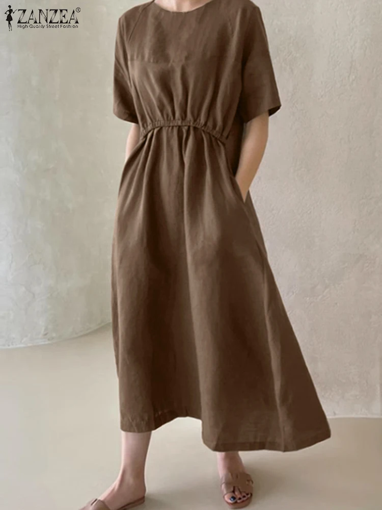 

Элегантный рабочий сарафан ZANZEA, винтажное летнее платье, женские платья с круглым вырезом и рукавом до локтя, платье до середины икры, женское повседневное праздничное платье