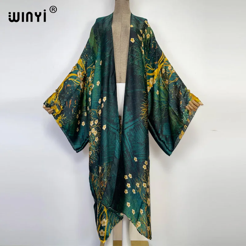 WINYI 2022 Summer Women Cardigan stitch Cocktail sexy Boho Maxi African Holiday Batwing Sleeve Silk feeling Robe kimono kaftan images - 6