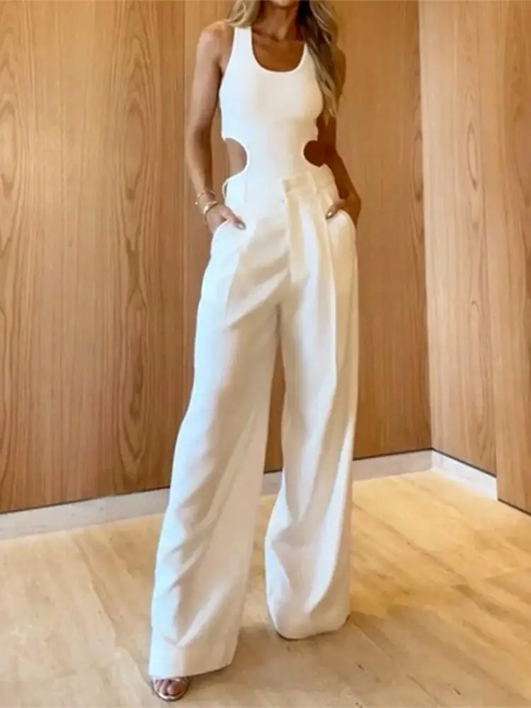 

Модный женский боди, комплект из двух предметов, привлекательный ажурный топ без рукавов и брюки с широкими штанинами, Элегантный женский о...