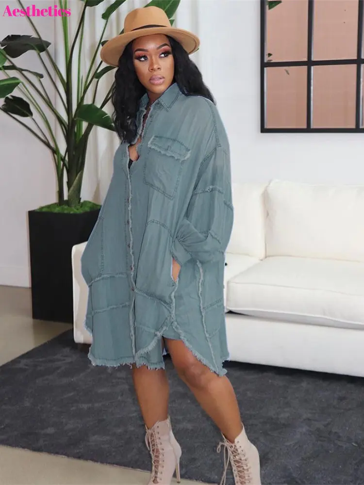 

Autumn Denim Shirts Dress Women Fashion Irregular Long Sleeve Tassel Single Breasted Pockets Loose Casual Jeans Dresses Robe