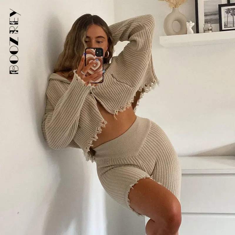 

BoozRey Sweater Women's Suit Hooded Jacket Shorts Knit Suit Cardigan Long Sleeve Top High Waist Tight Shorts Autumn and Winter