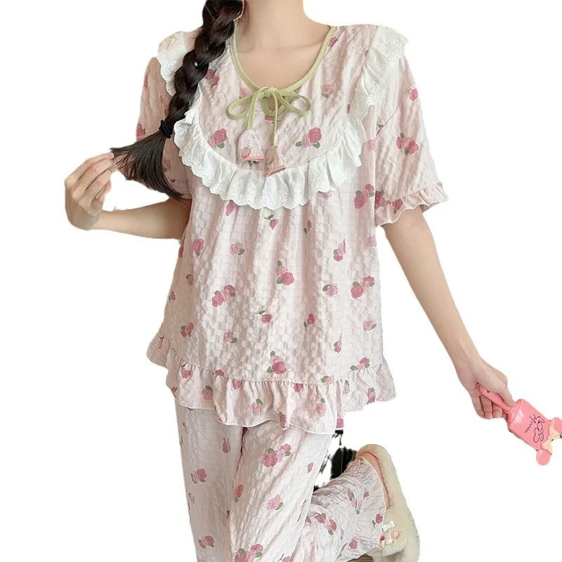 Пижама женская Новинка лета 2024 Длинные хлопковые брюки с коротким рукавом