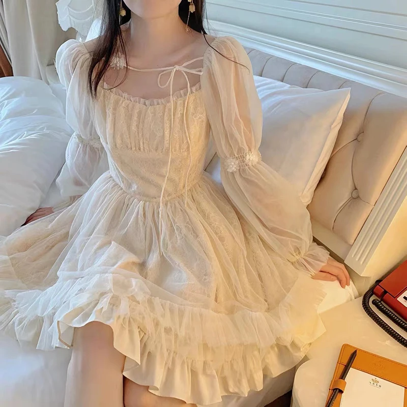 

2023 Japanese Fairy Aesthetic Style One Piece Dress Long Sleeve Kawaii Lolita Dress Women Casual Vintage Mini Dress Female