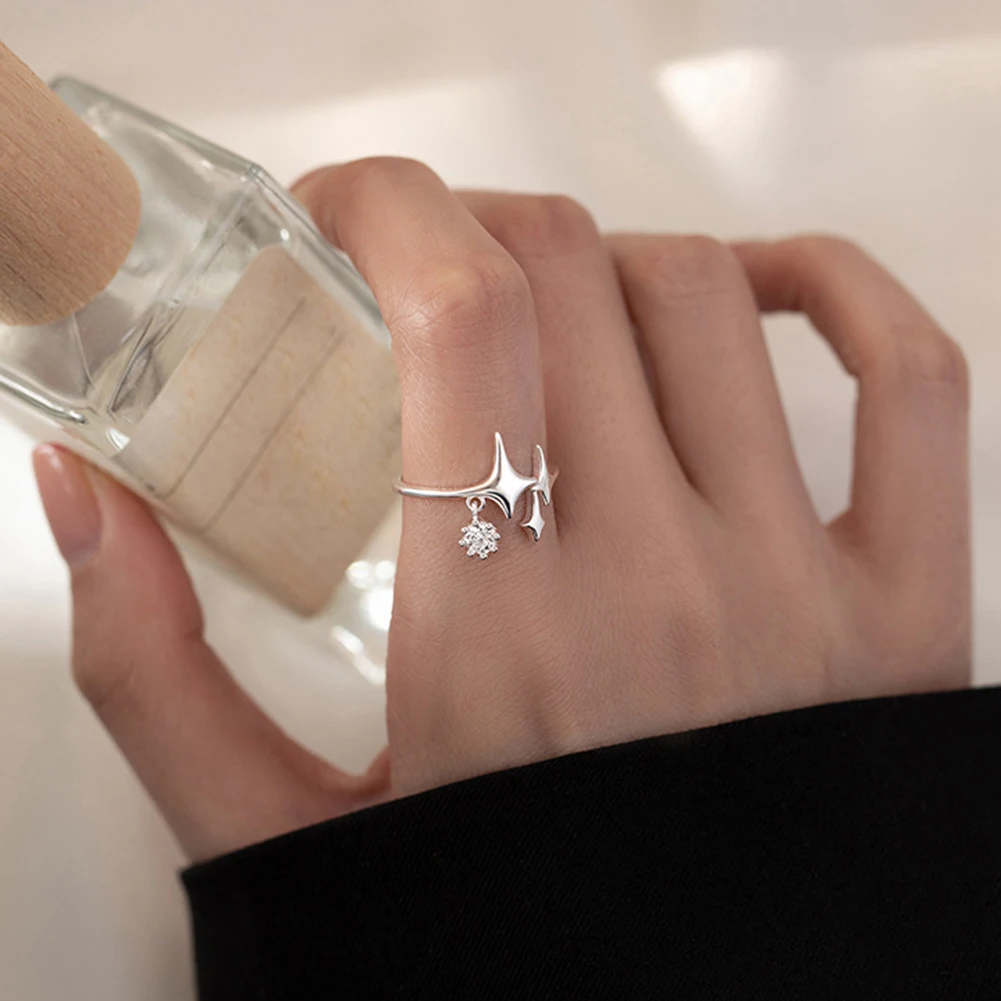 

New Punk Silver Color Four Pointed Star Ring Zircon Pendant Original Handmade Adjustable Size Ring For Women