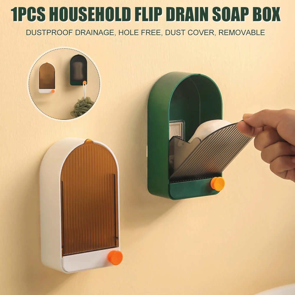 

Soap Box Draining Rack Wall-mounted Organizer Shelves with Cover for Bathroom Double Compartment Waterproof Soap Dish Holders