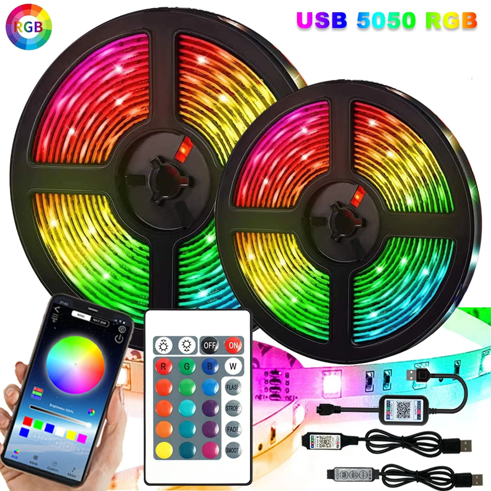 

Светодиодная лента RGB 5050 SMD с дистанционным управлением, гибкая лампа с инфракрасным управлением и адаптером USB, 60 светодиодов/м, подсветильн...