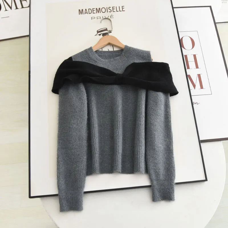 Kuo 2023 зимний дизайн элегантный вязаный свитер контрастного цвета с открытыми
