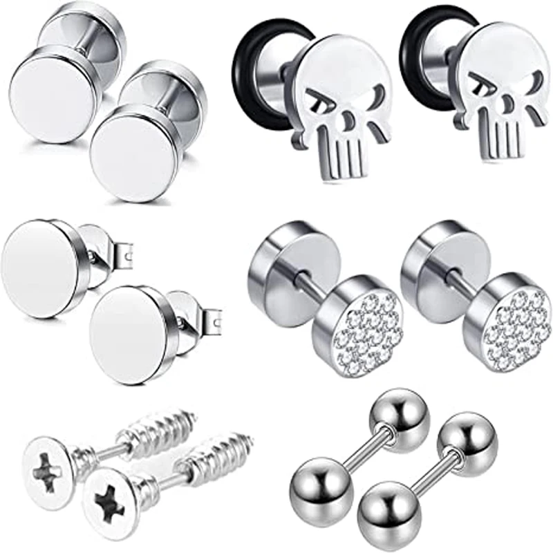 

6 пар, мужские серьги-гвоздики из нержавеющей стали