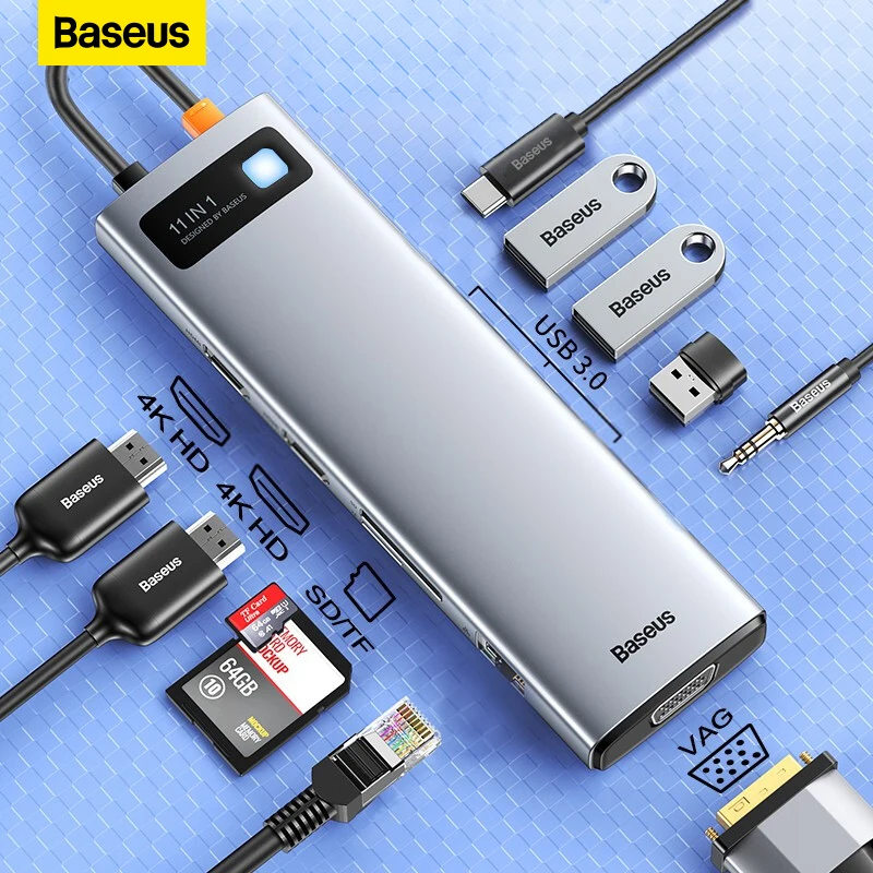 

Baseus USB C Hub USB 3.0 Type C Adapter 4K@30Hz HD PD 100W Port HUB Dock Station 9/11 in 1 for Macbook Pro Laptop USB Splitter