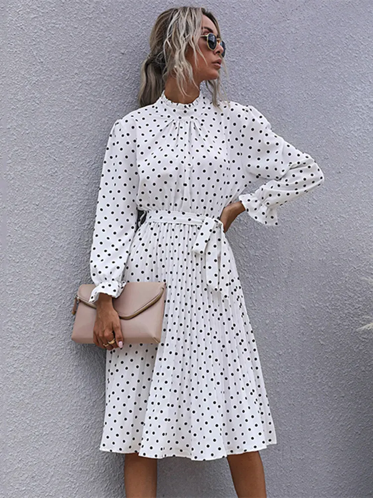 

Polka Dot Print Dress Women Casual Half Turtleneck Butterfly Sleeve Autumn Winter Slim Bandage Dress 2022 New Fashion