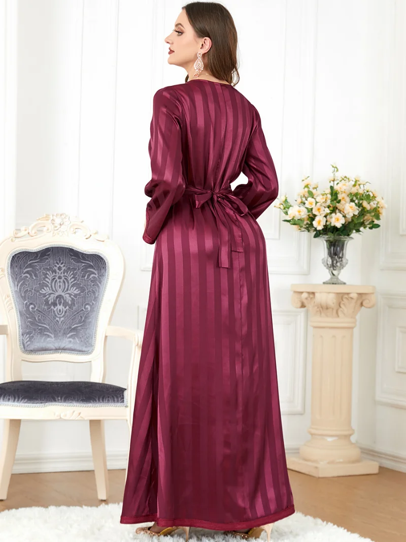 Elegant Long Dresses V-Neck Stripe Lace Tape Belted Kaftan Abayas For Women Dubai Split Hem Party Robe Muslim Ramadan