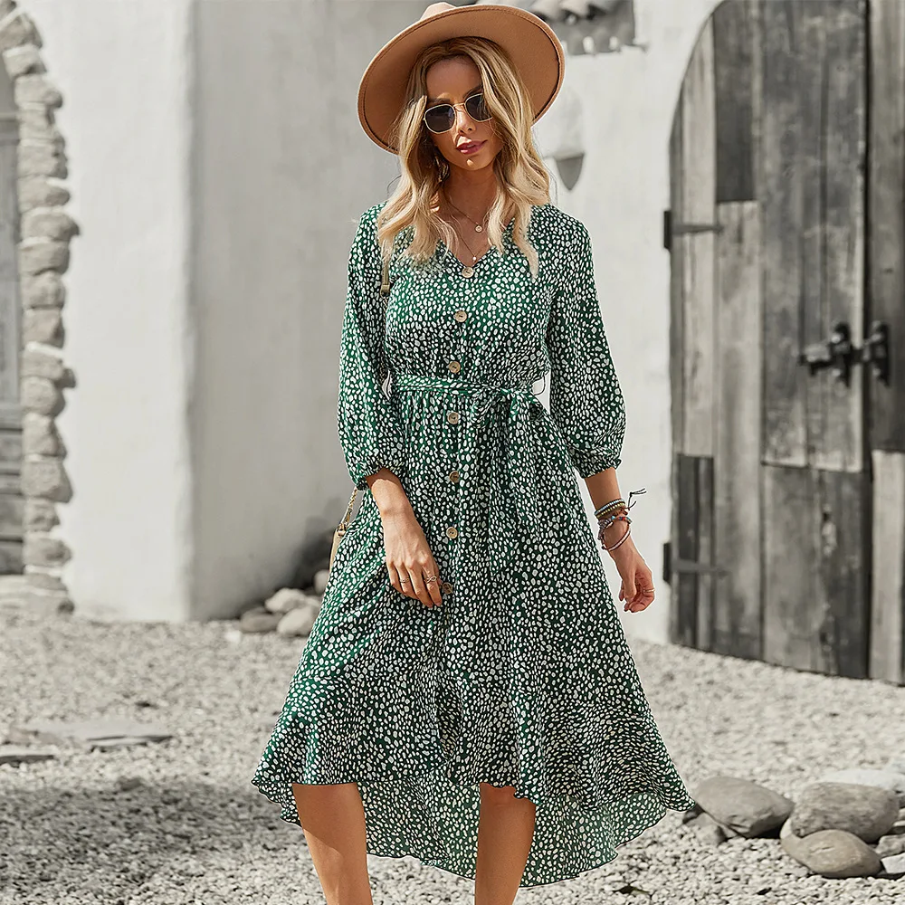 

2022 Sweet Leisure Holiday Style Long Dress with Belt Floral Button Dresses for Women Summer
