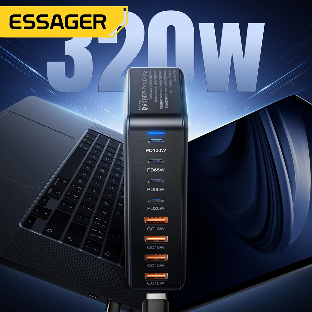 Essager 320 Вт GAN Fast Charge 3.0 USB Type C Быстрое зарядное устройство 8-портовое PD 100 для MacBook Pro