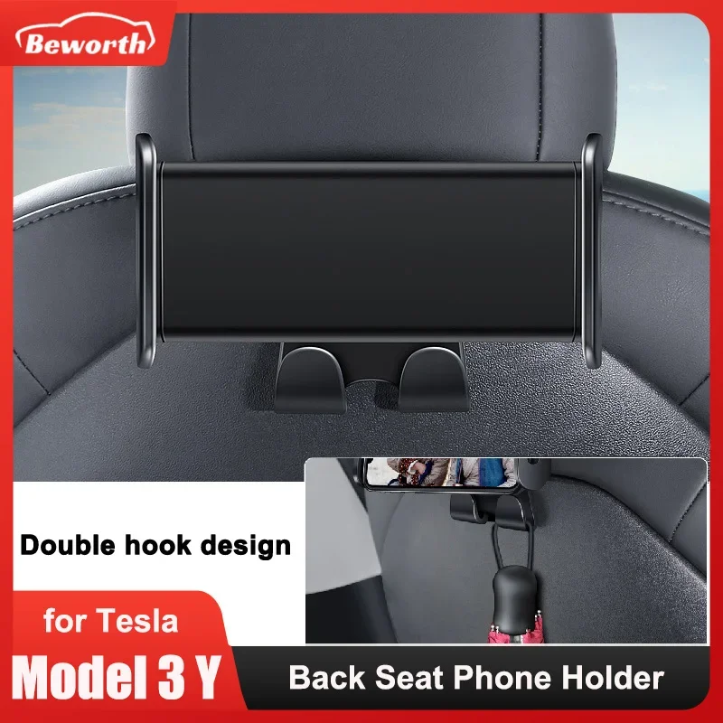 

For Tesla Model 3/Y Back Seat Phone Holder with 2 hooks 360 Rotate Stand Auto Headrest Bracket Support For Tablet PC iPad Mini