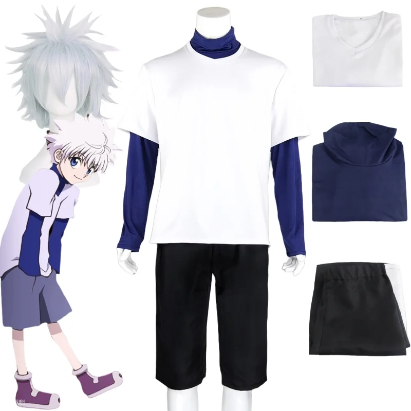 

Anime HUNTER HUNTER Cosplay Killua Zoldyck Number 99 Badge Halloween Carnival Party Suit Shirt Short White Wig Costumes