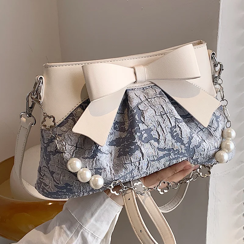 

Solid Color Bag With Lid Small Package Design Bow Fold Female Bag Summer 2022 New Pearl Chain Handbag Messenger Bag CJR5