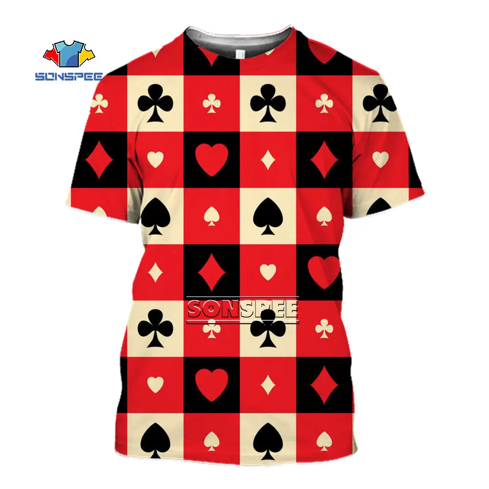 

SONSPEE 2022 Summer 3D Printing Fun Poker Short Sleeve T-shirt Men's and Women's Fashion Casual Round Neck Lattice T Shirt Tops