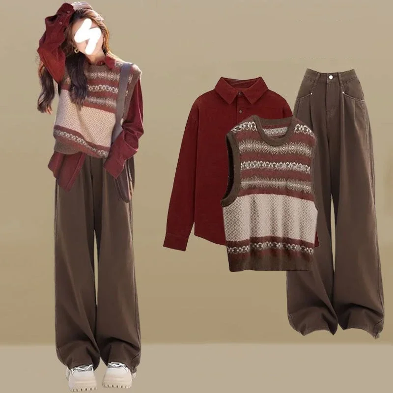 Женский винтажный трикотажный комплект из трех предметов красный жилет рубашка