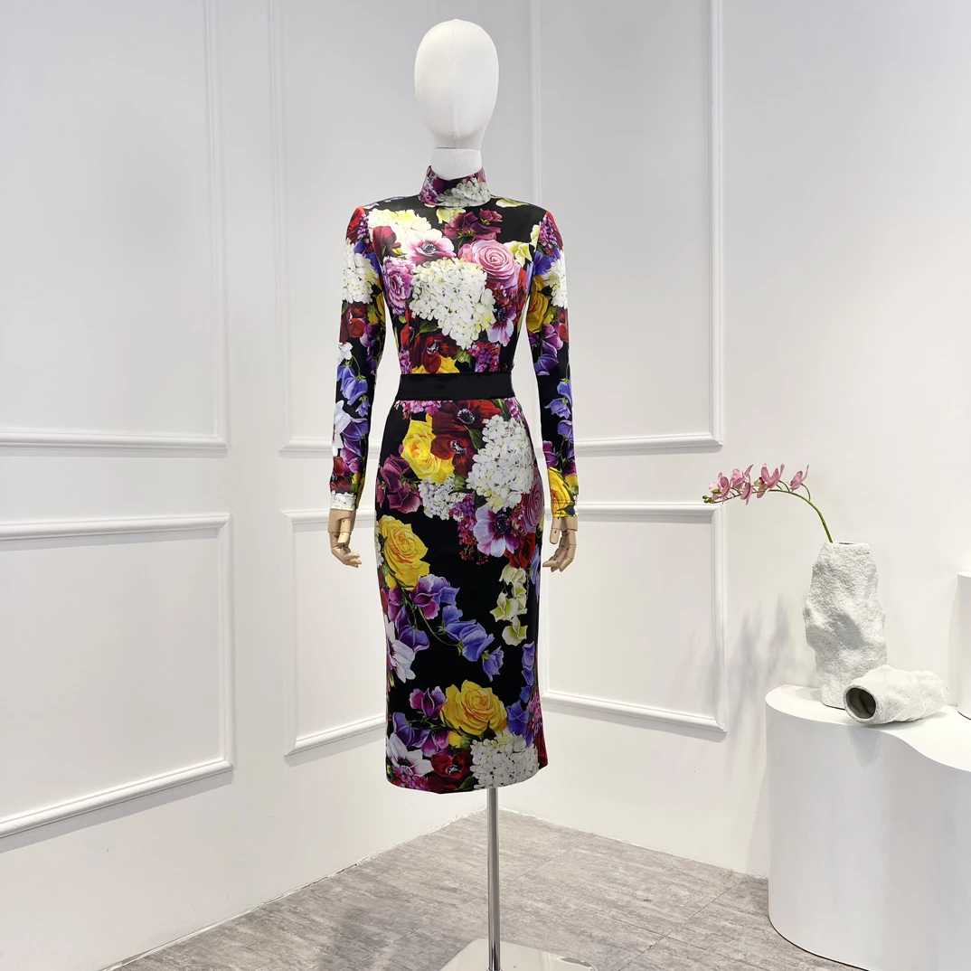 

2023 Spring Elegant Fashion Vintage Rose Flowers Printing Long Sleeve Turtleneck Slim Tops and High Wait Pencil Skirt Set