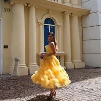 yellow charming elegant prom dresses spaghetti strap tulle ruffles ankle length women long party evening gowns custom made