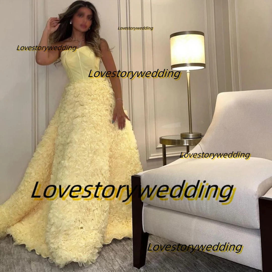 

Lovestory Yellow Prom Dresses Cascading Ruffles Tulle Birthday Party Saudi Arabia Women Wear Evening Formal Occasion Bride Gowns