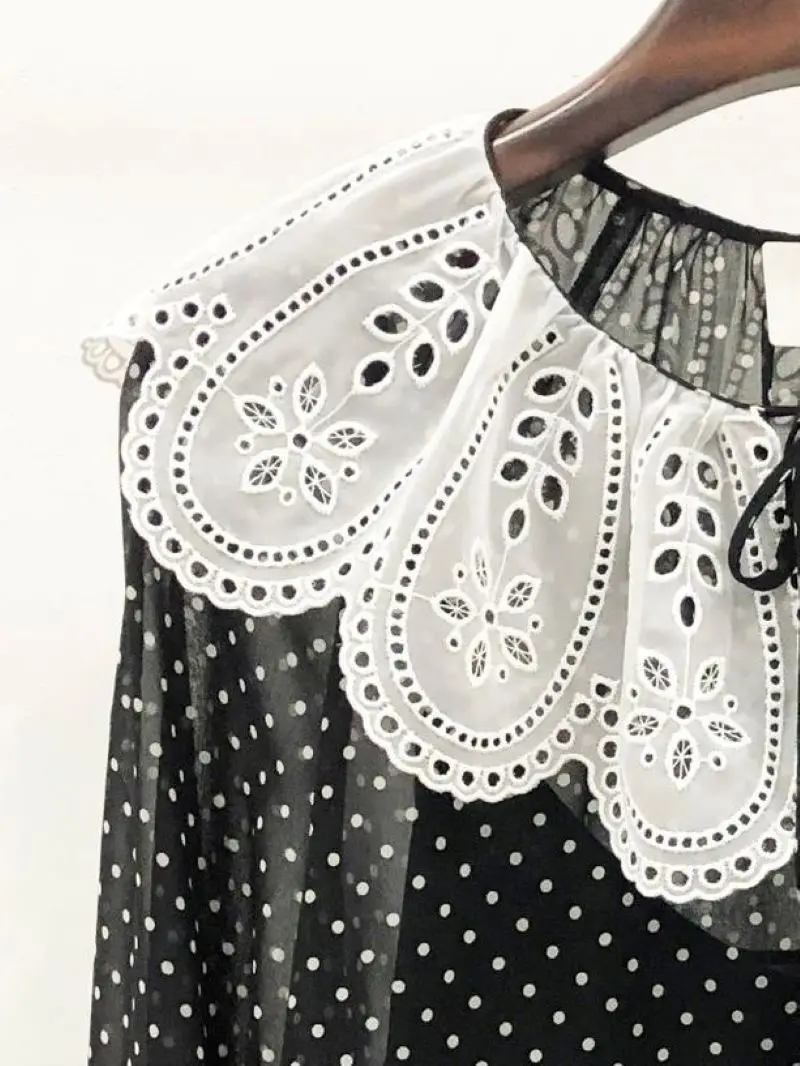 

Женская винтажная блузка в горошек, ажурная рубашка с воротником «Питер Пэн» и длинными рукавами на шнуровке