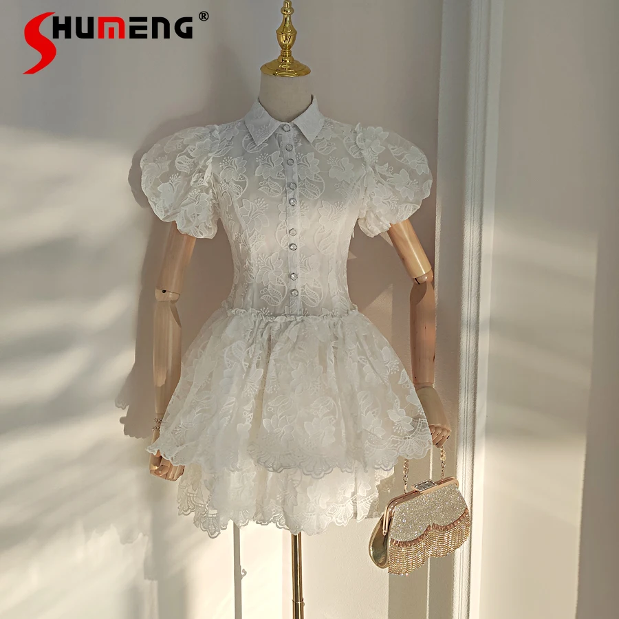 Temperament Lapel Mesh Embroidered Ruffled Puff Short Sleeve Puffy Dress for Women's 2022 Summer High Waist Slimming Mini Dress