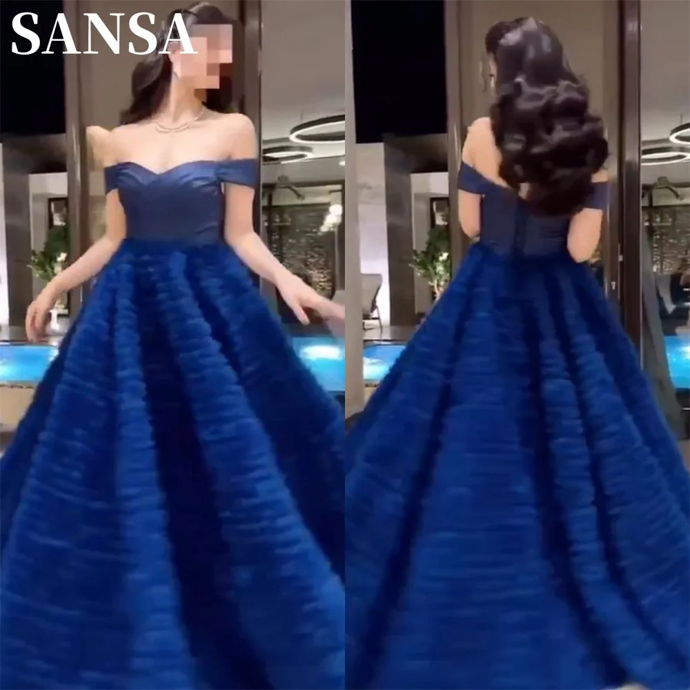 

Sansa Gorgeous Sapphire Blue فساتين السهرة Sexy Off Shoulder Multilayer Prom Dress Luxury Puffy Ball Gown Vestidos De Noche