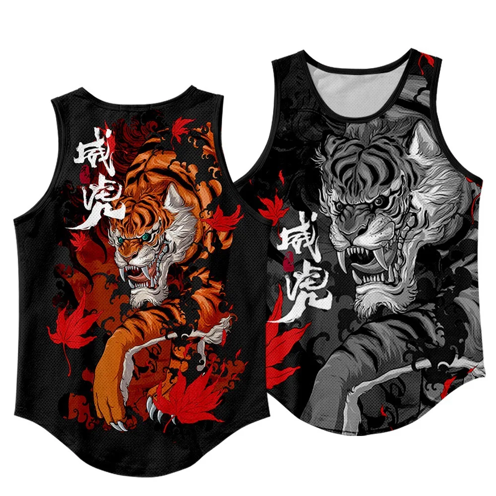 

Black Men Women Cartoon Tiger Printed Sleeveless Shirt Mesh Breathable Sports Vest Undershirt Running Fitness Gyms Tank Top