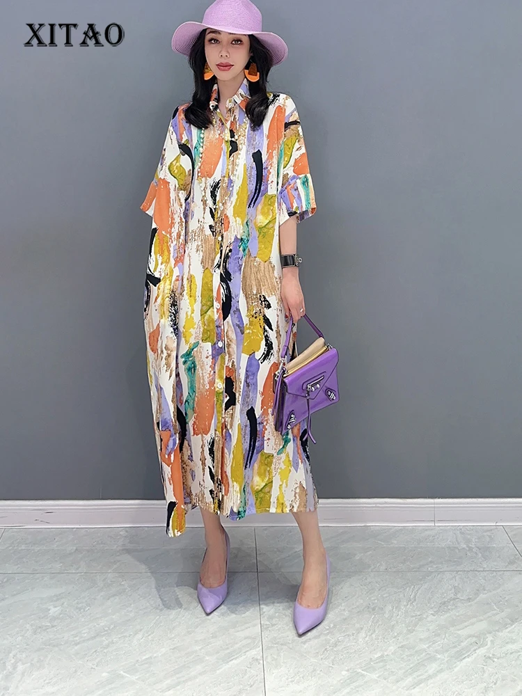 

XITAO Print Pattern Dress Fashion Elegant Goddess Fan Casual Style Loose 2023 Summer Minority Irregular Dress Top WLD16742