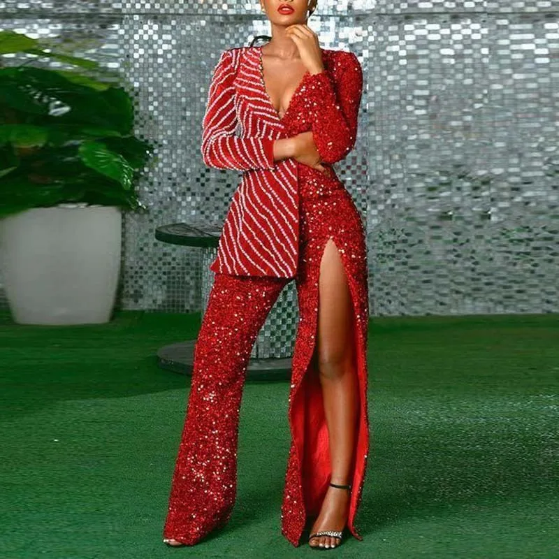 

Stylish Deep V-Neck Long Sleeve Shiny Blazers Wide Leg Pants Two-Piece Suit