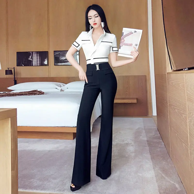 

Женский элегантный костюм из двух предметов, рубашка с коротким рукавом и расклешенные брюки, офисная одежда, Q45, лето 2022